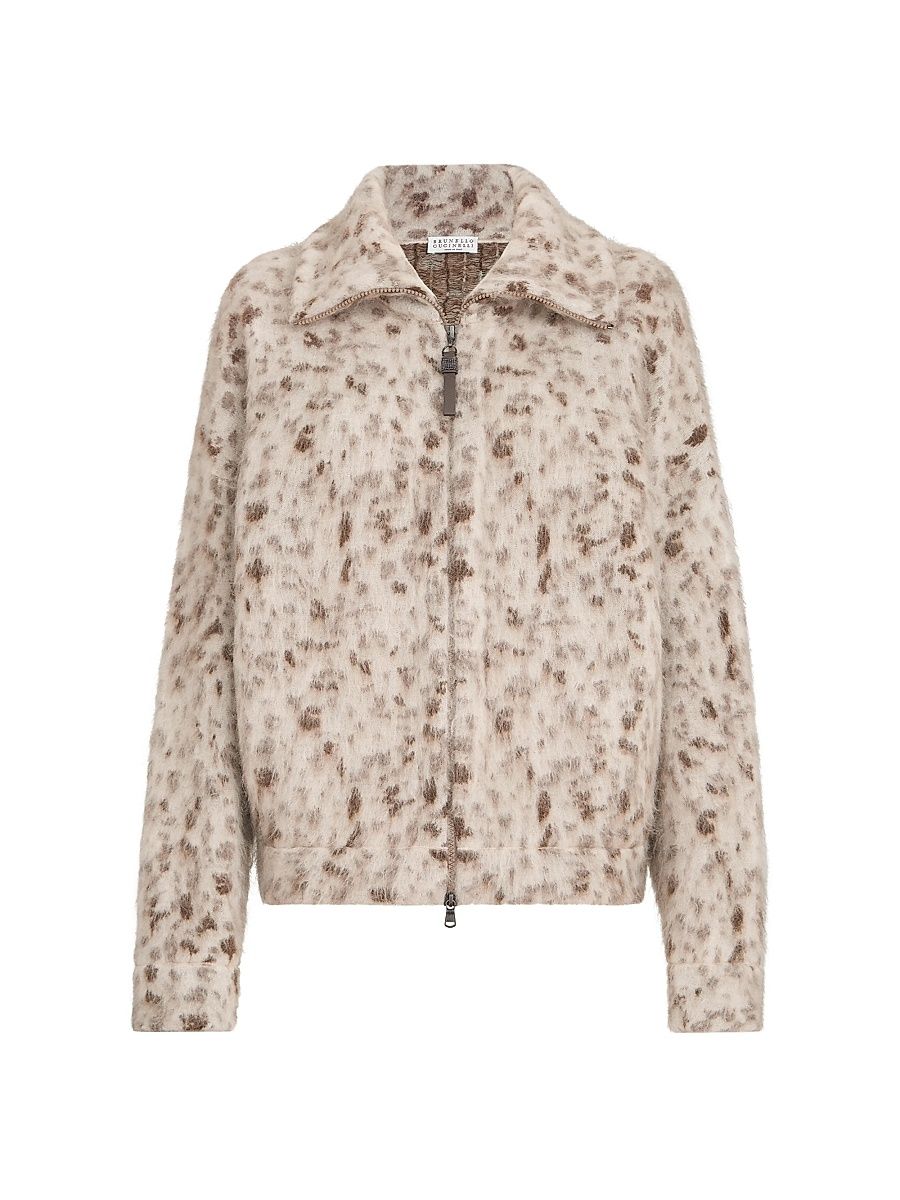 Women's Lynx Jacquard Cardigan in Mohair and Wool with Shiny Zipper Pull - White - Size XXXL