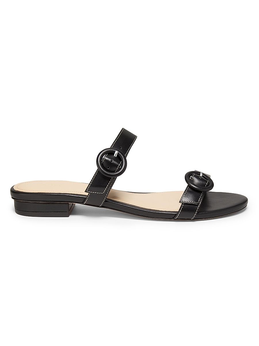 Women's Double Buckle Leather Flat Sandals - Black - Size 11.5