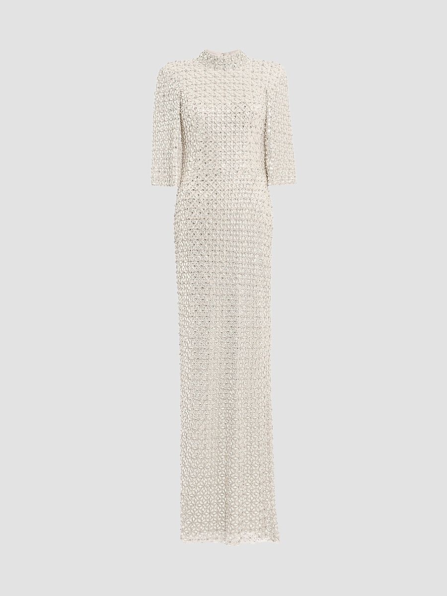 Jenny Packham Women's Sedona Embellished Split-Sleeve Column Gown - Mink - Size 12