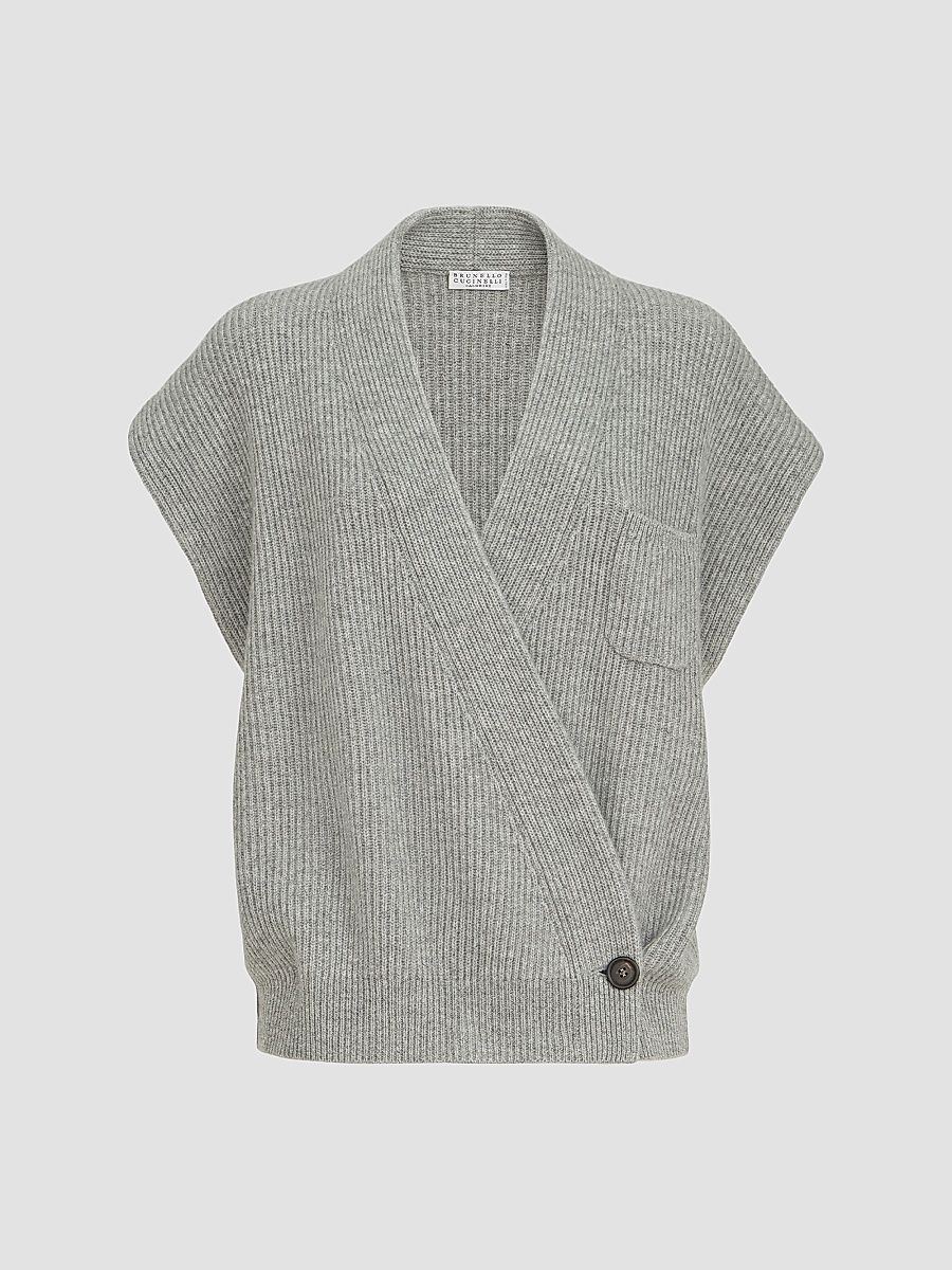 Women's Cashmere English Rib Wrap Cardigan - Grey - Size XXL