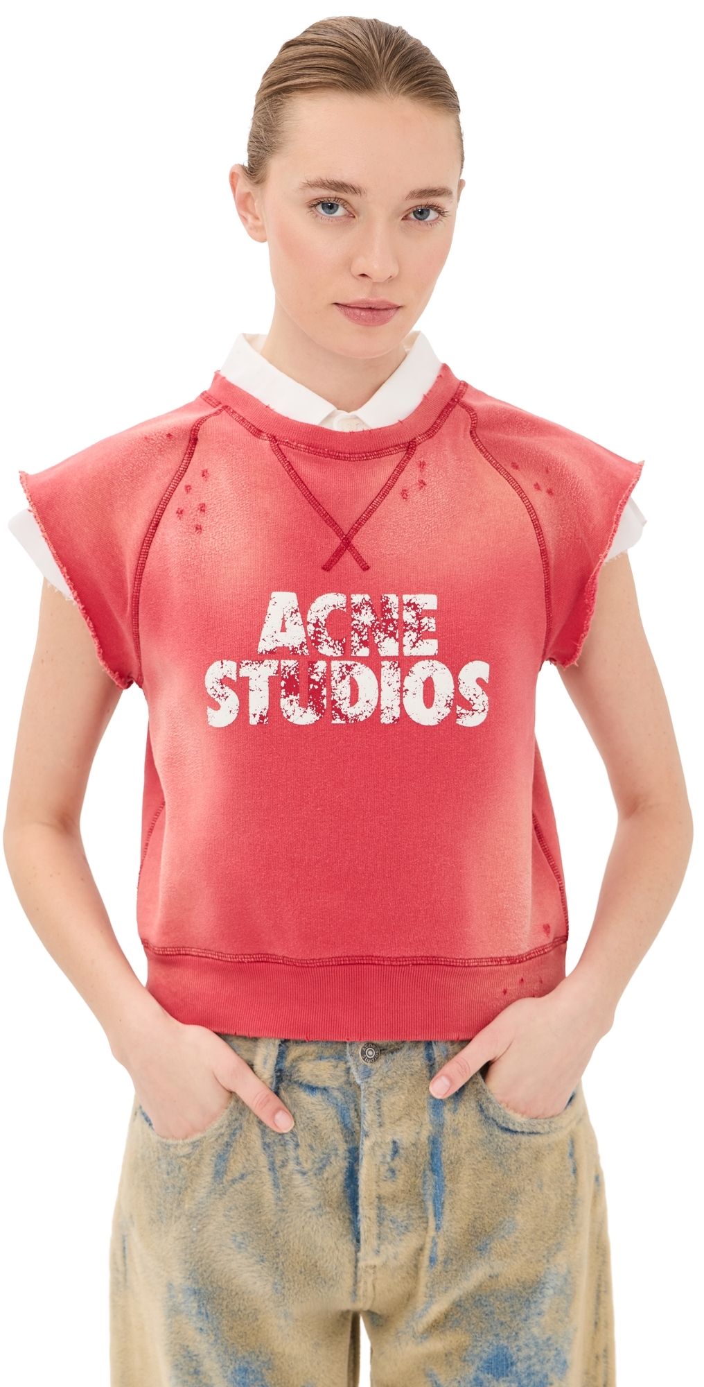 Acne Studios Short Sleeve Sweatshirt Red/White XXS