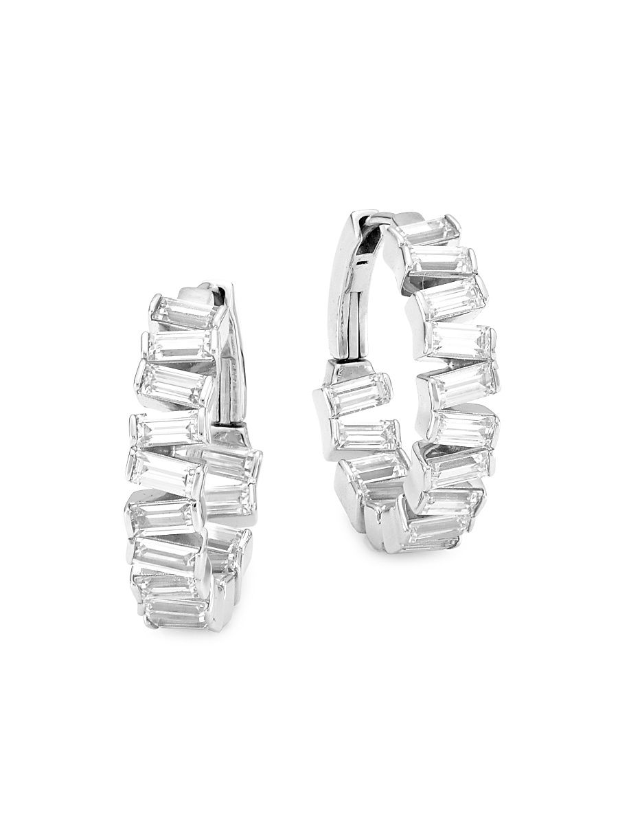 Women's Stacked Sterling Silver & Cubic Zirconia Medium Hoop Earrings - Rhodium