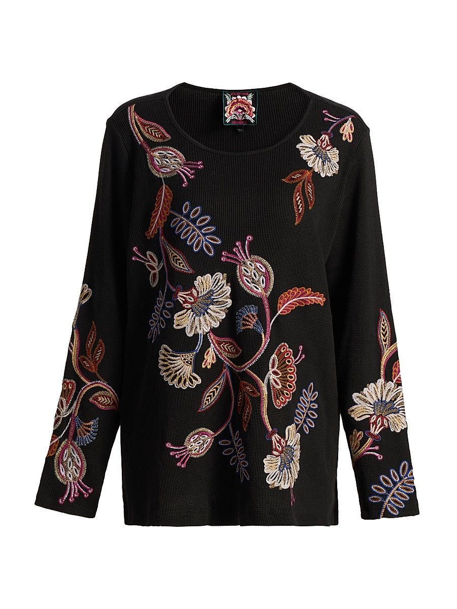 Women's Embroidered Paisley Waffle-Knit T-Shirt - Black - Size 22