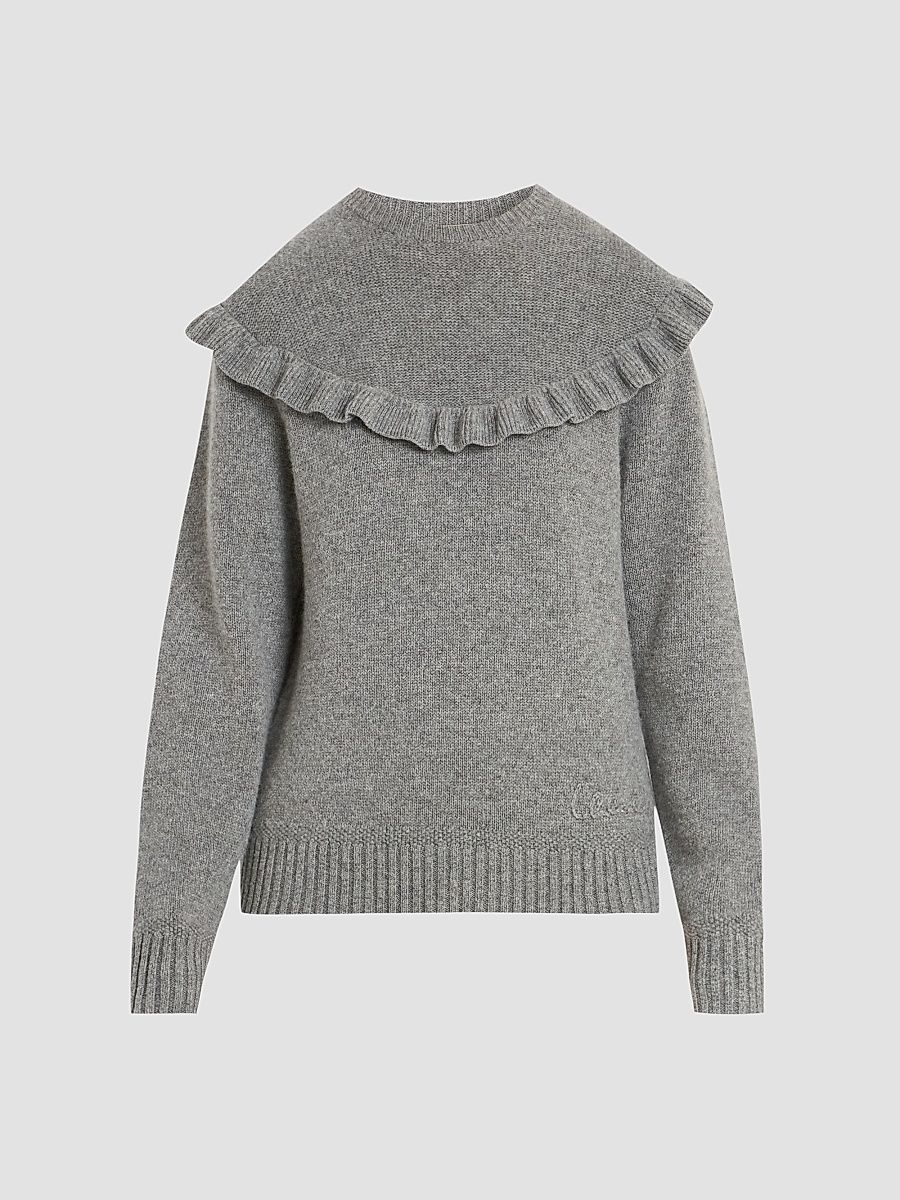Women's Ruffle-Overlay Wool-Cashmere Sweater - Divine Grey - Size XS