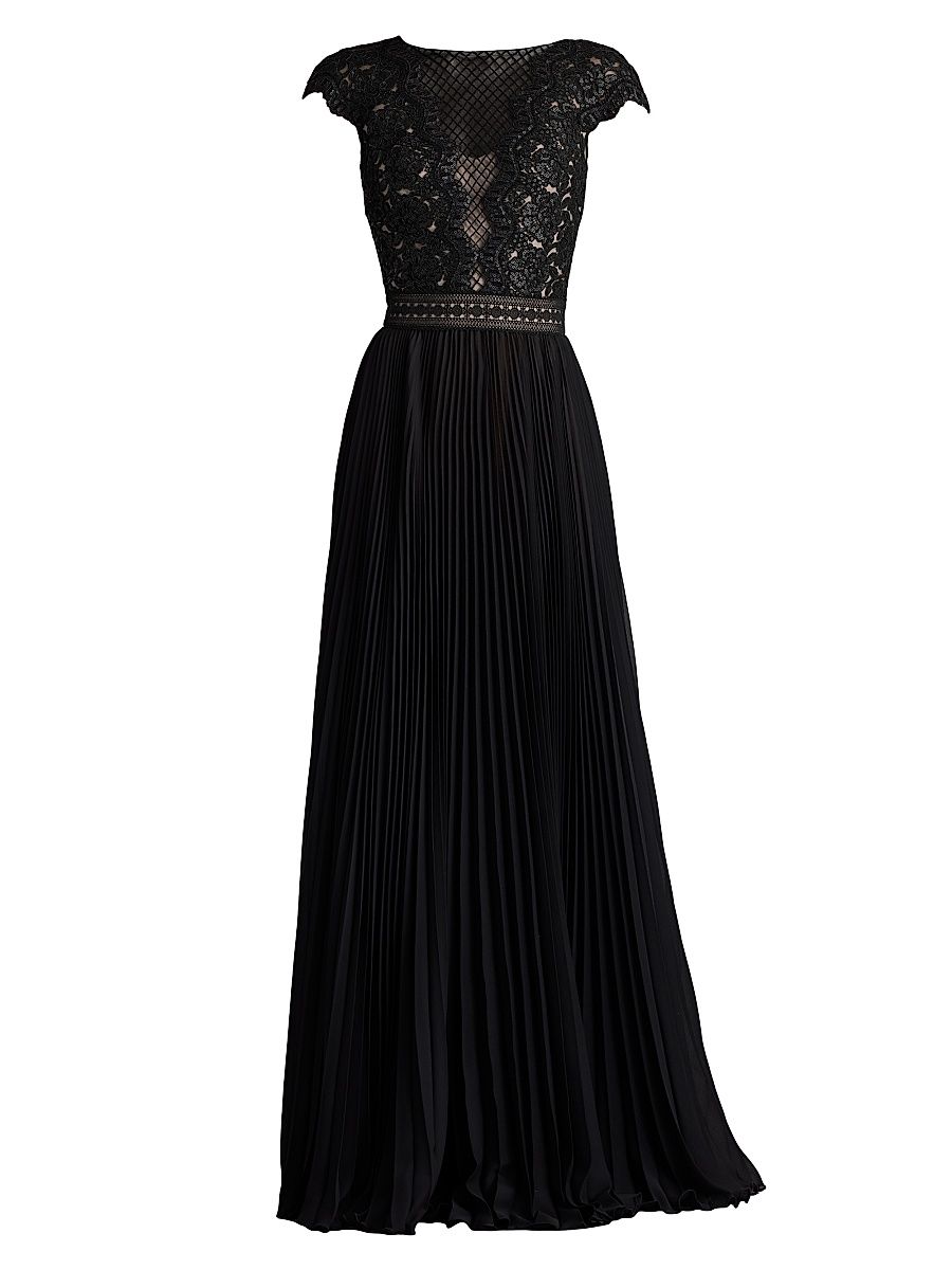 Women's Mixed-Media Sequin-Embellished Gown - Black Beige - Size 10