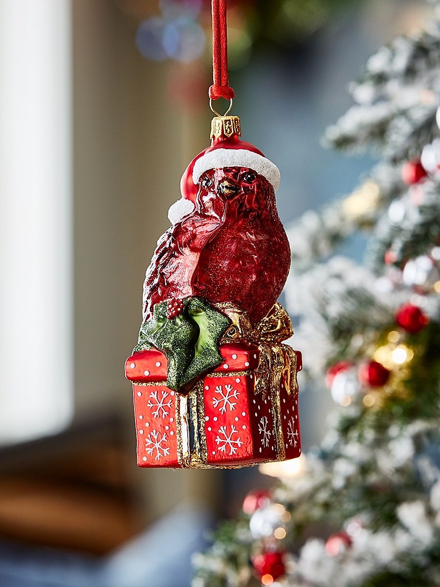 Cardinal On A Present Glass Ornament