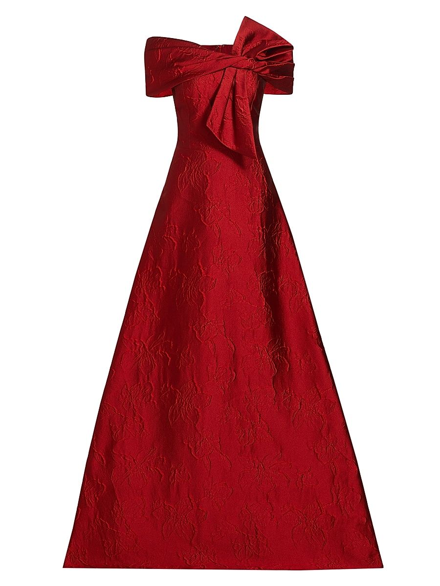 Women's Floral Jacquard Bow-Shoulder Gown - Red - Size 12