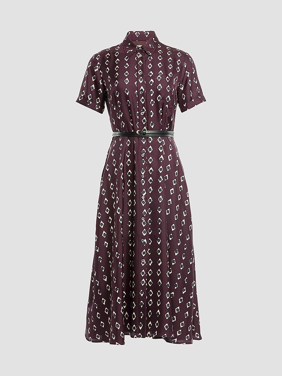 Women's Kiera Silk Printed Midi Dress - Deep Cherry Diamond - Size 2