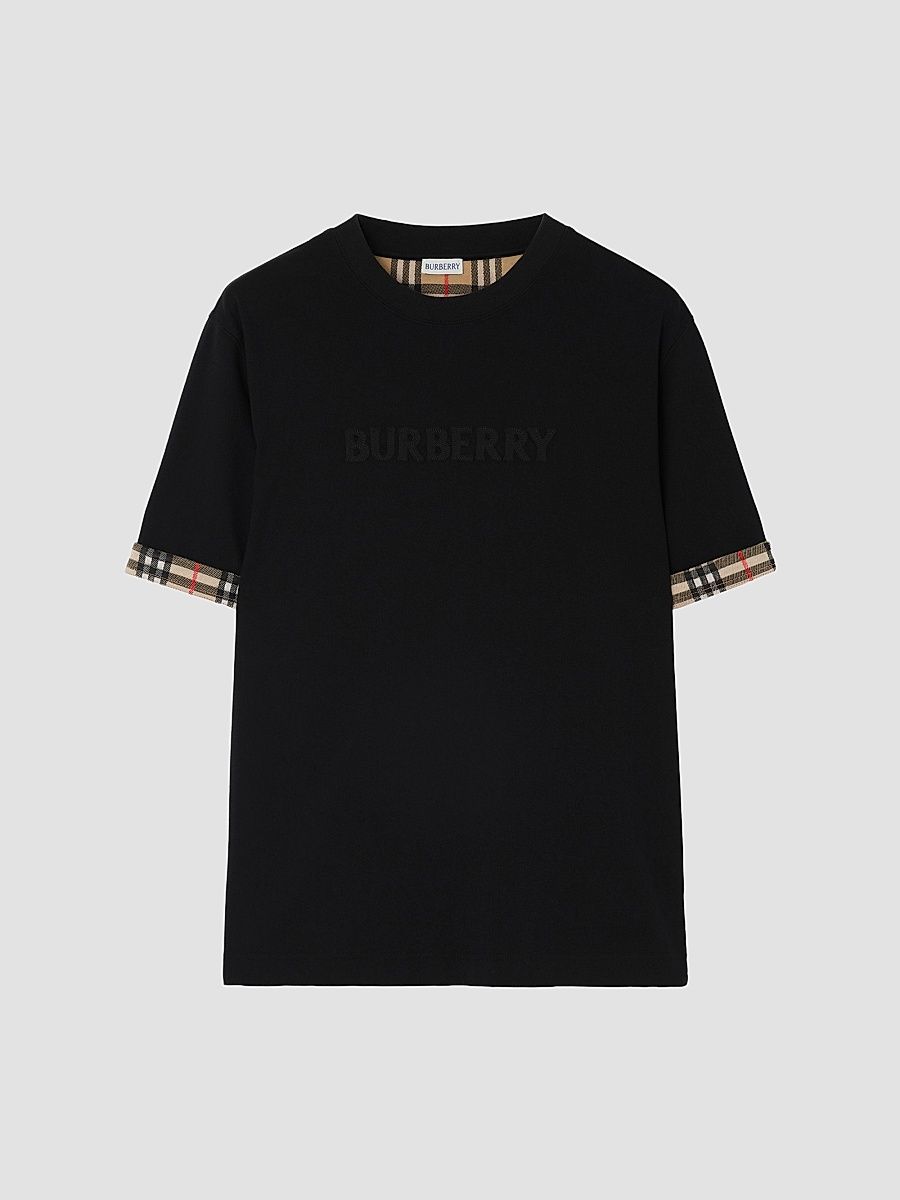 Men's Ryan Check-Cuff Cotton Crewneck T-Shirt - Black - Size XXL