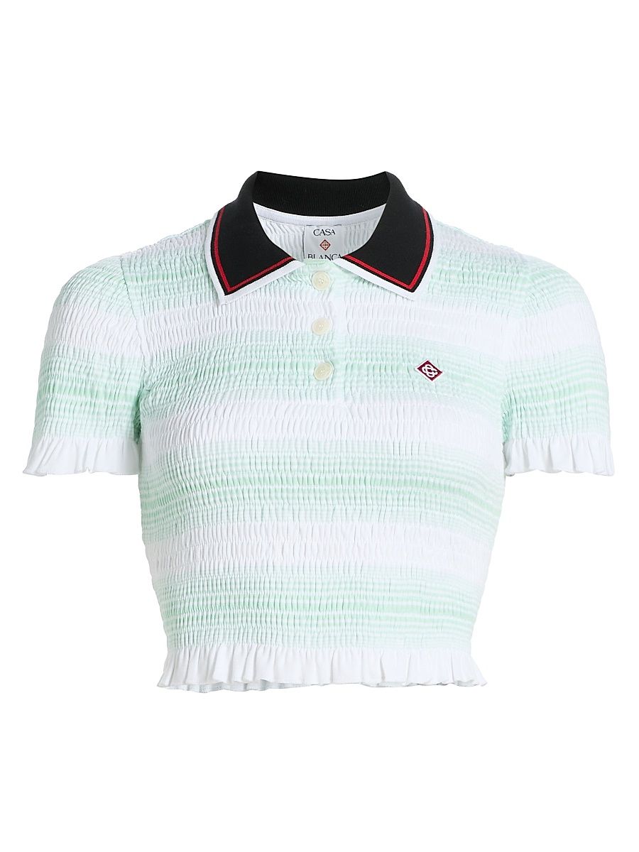 Women's Stripe Shirred Polo Shirt - Mint White - Size Large