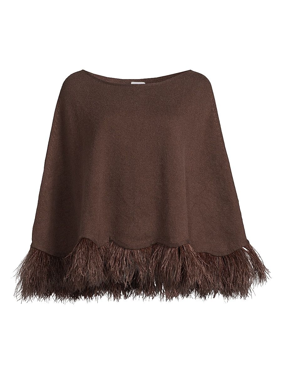 Women's Feather-Trim Cashmere Poncho - Chocolate Brown