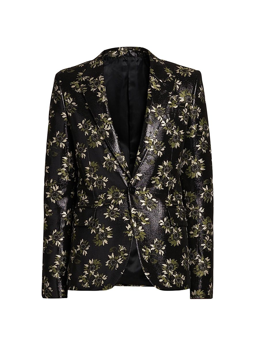 Men's Metallic Floral Jacquard Single-Breasted Jacket - Black Green Gold - Size 44