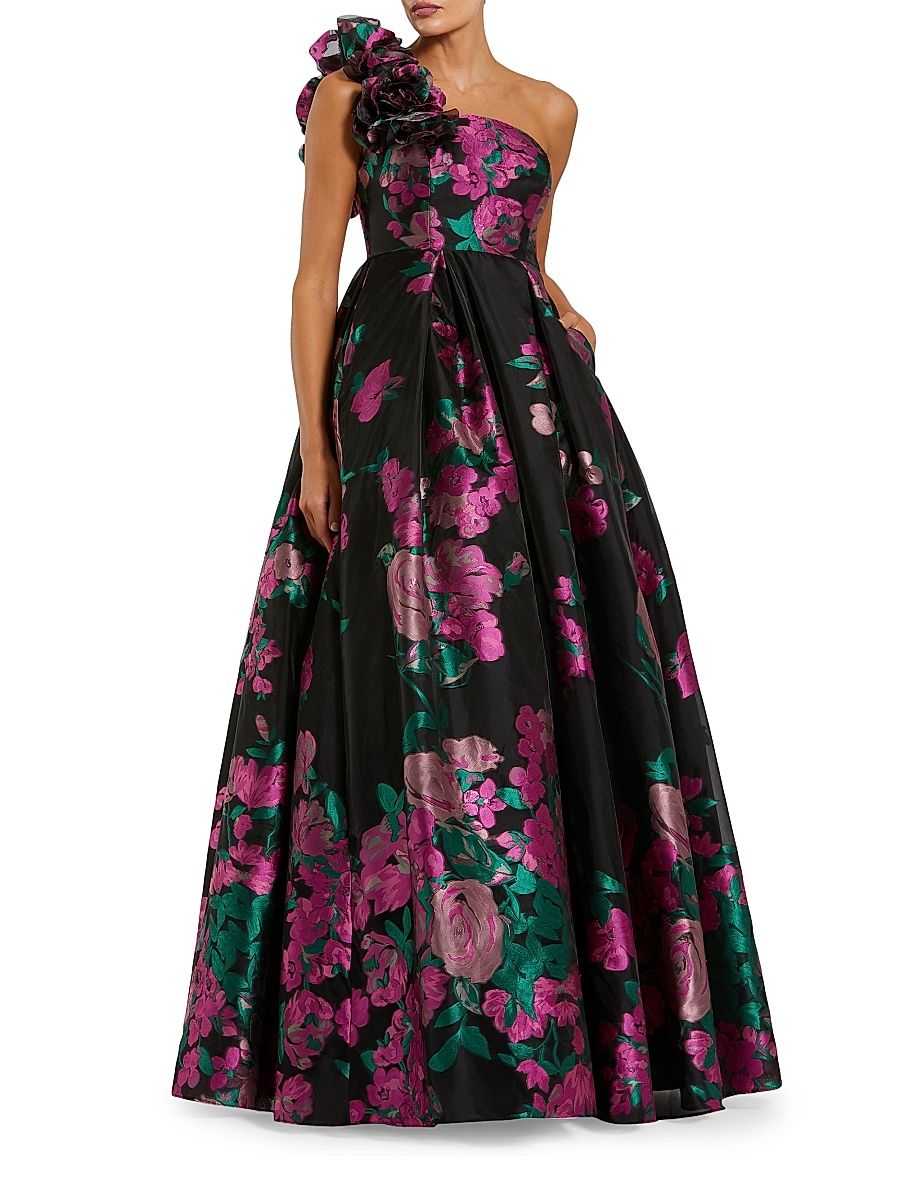 Women's Evening Floral One-Shoulder Brocade Ball Gown - Black Multi - Size 16