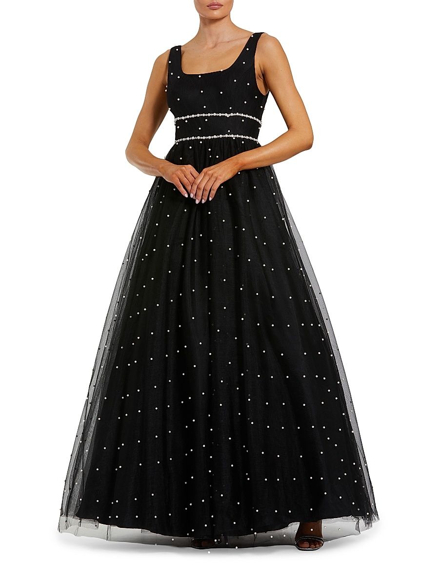 Women's Embellished Tulle Sleeveless Gown - Black Ivory - Size 16