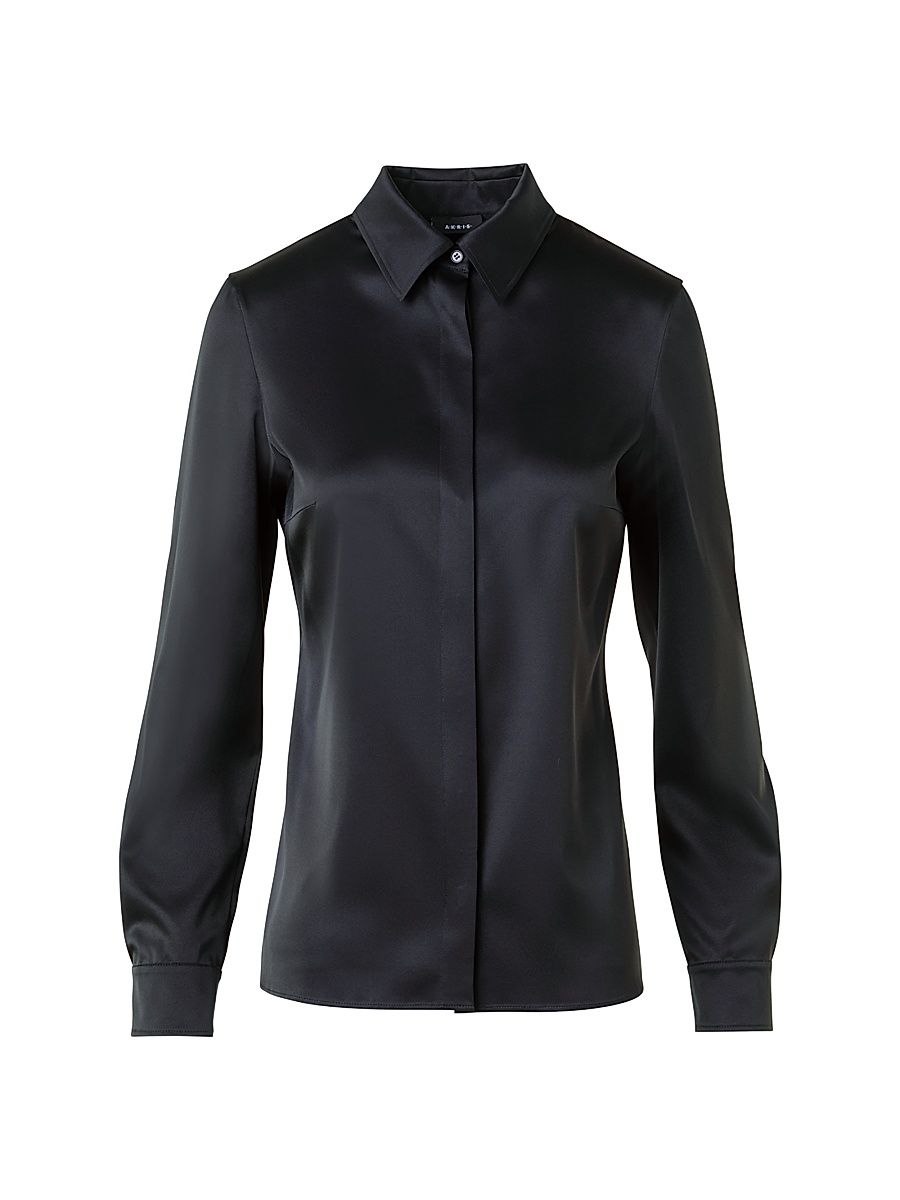Women's Fitted Stretch Silk Shirt - Black - Size 8