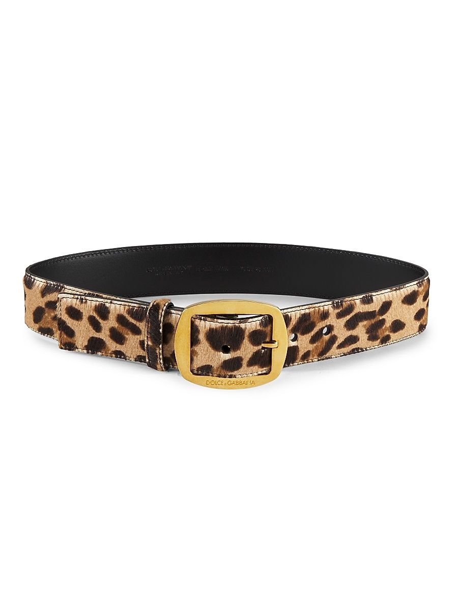 Women's Leopard-Printed Leather Belt - Natural - Size Medium