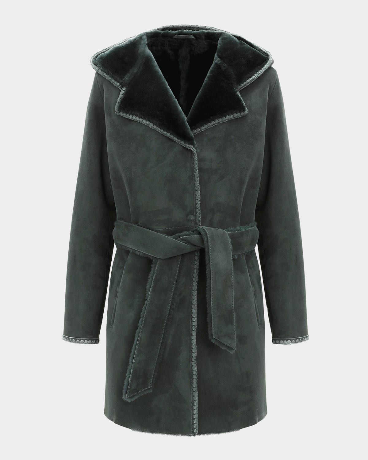 Merino Shearling Lamb Belted Parka With Embroidered Trim
