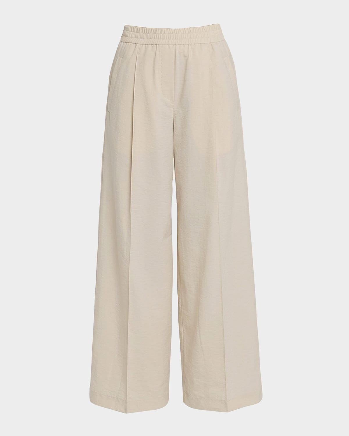 Techno Cotton Pleat Wide-Leg Pull-On Track Pants