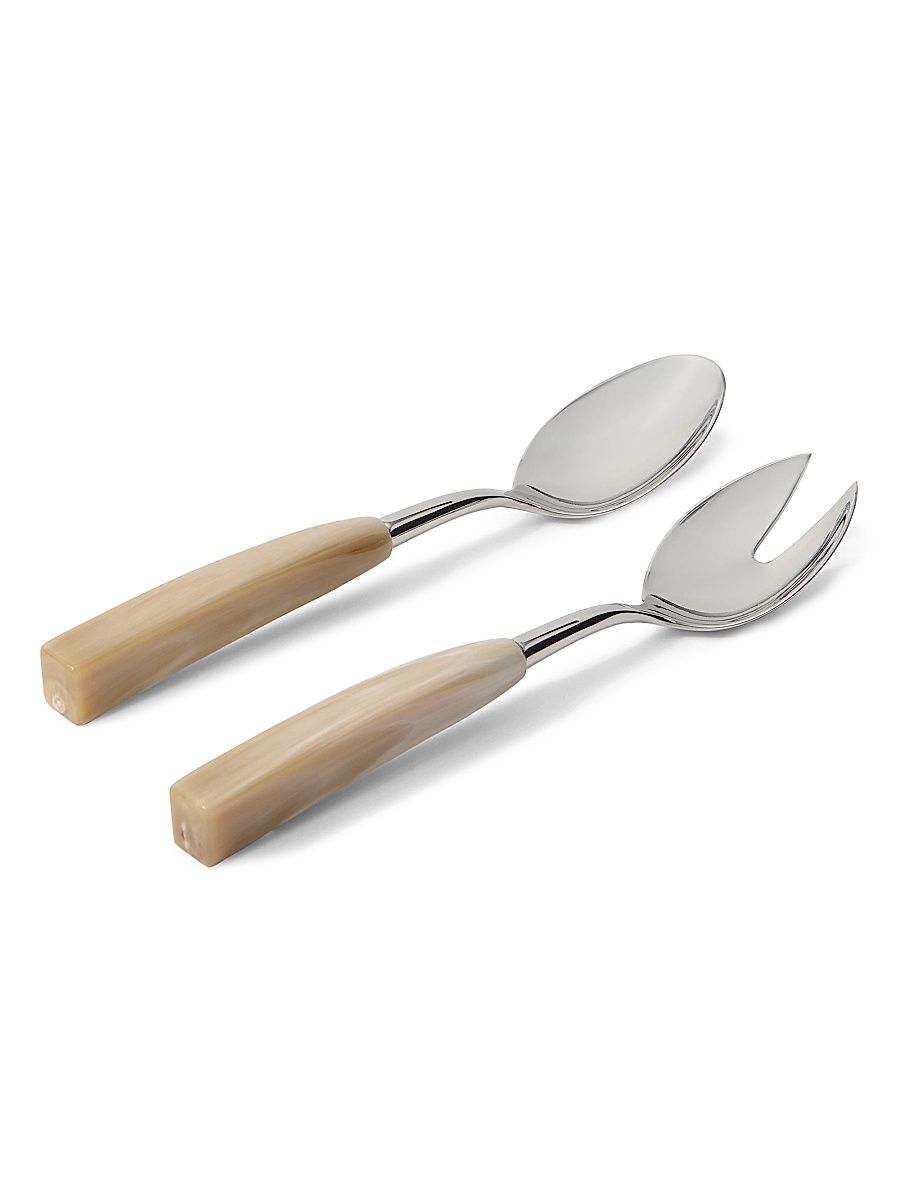 Buffalo Horn and Steel Salad Serving Set - Natural Horn