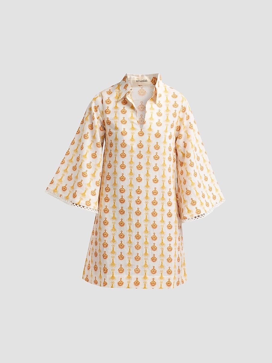 Women's Lotus Print Linen-Cotton Mini Kaftan Dress - Ivory Jewel - Size XS
