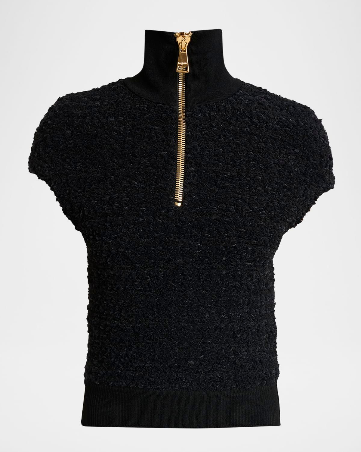 Short-Sleeve Textured Wool Zip Top