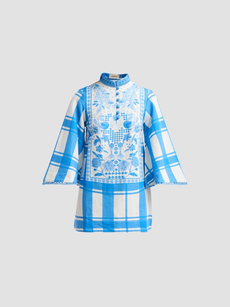 Verandah Women's Bejewelled Ultra Mini Dress - Ivory And Blue Madras Checks Mono Panel - Size Large