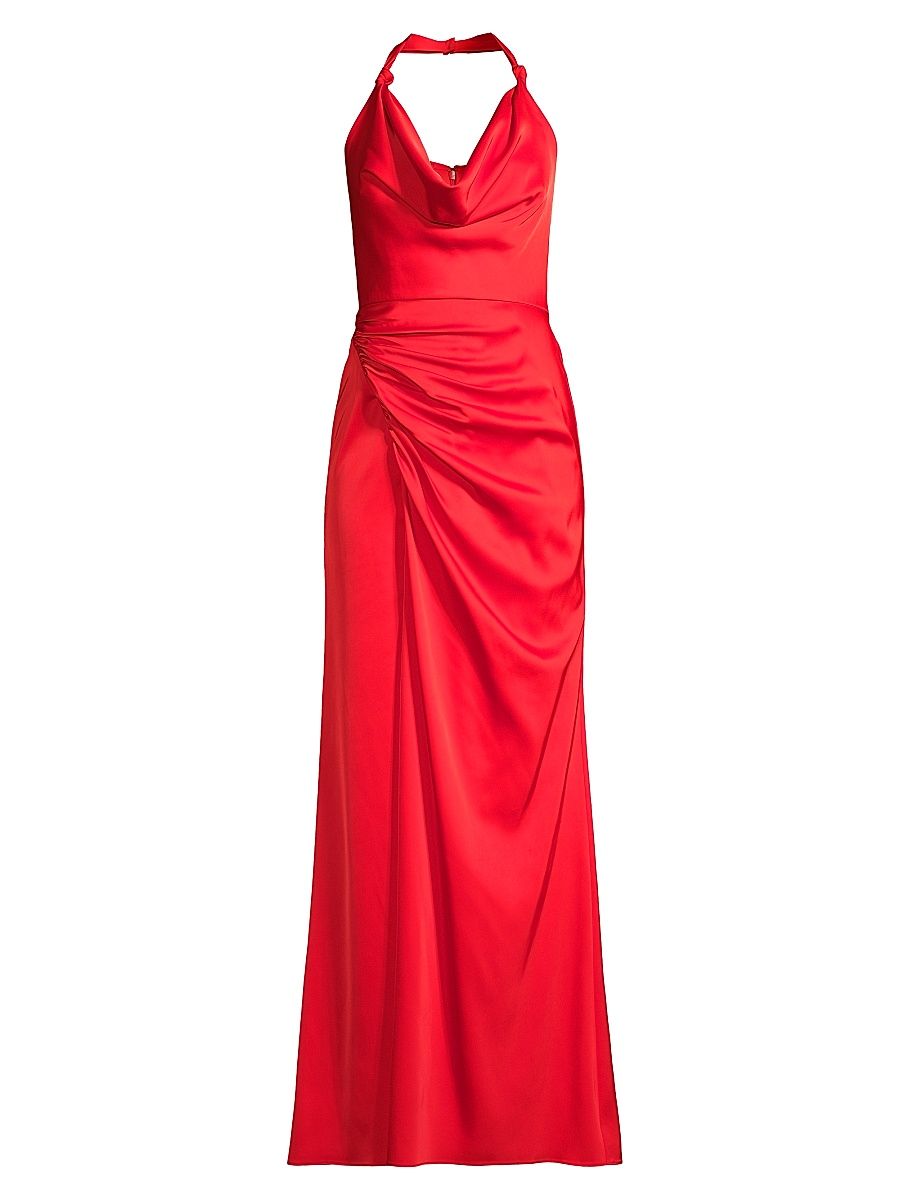 Women's Satin Stretch Cowlneck Halter Gown - Flame Red - Size 8