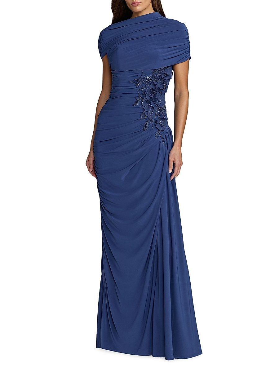 Women's Beaded Draped Jersey Column Gown - Sapphire - Size 10