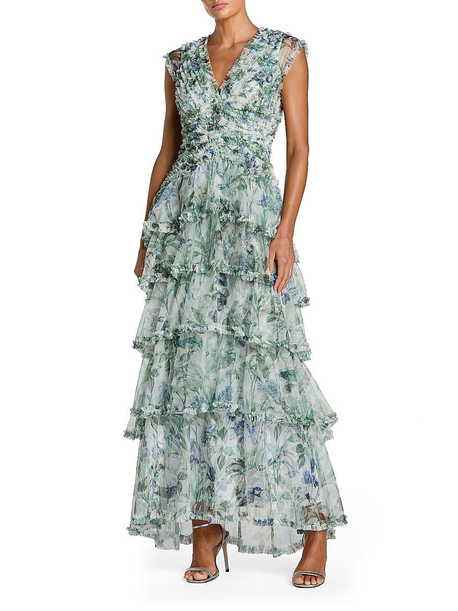 Women's Floral Mesh Ruffled V-Neck Maxi Dress - Blue Multi - Size 14