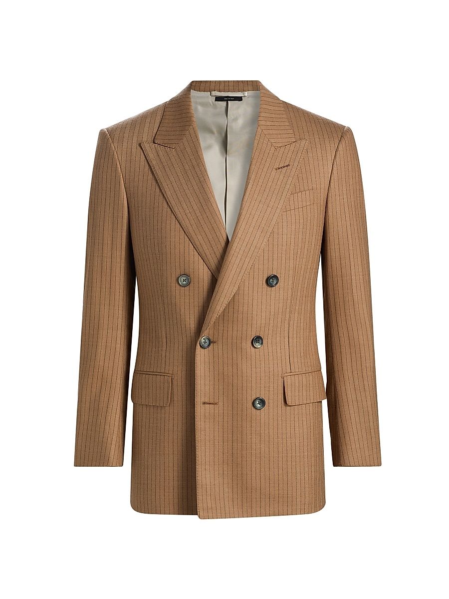 Men's Herringbone Stripe Double-Breasted Blazer - Camel - Size 48