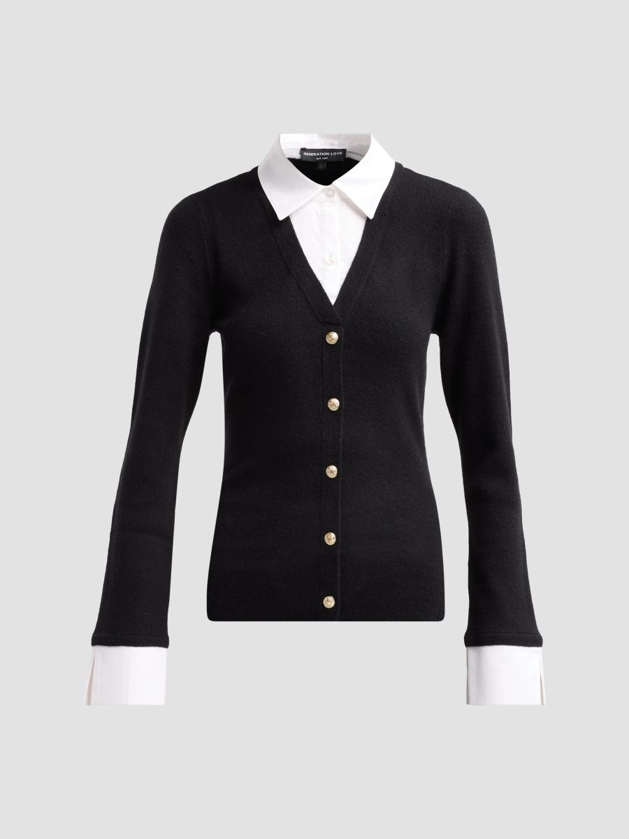 Generation Love Women's Nixie Poplin Shirt Combo Sweater - Black White - Size XS