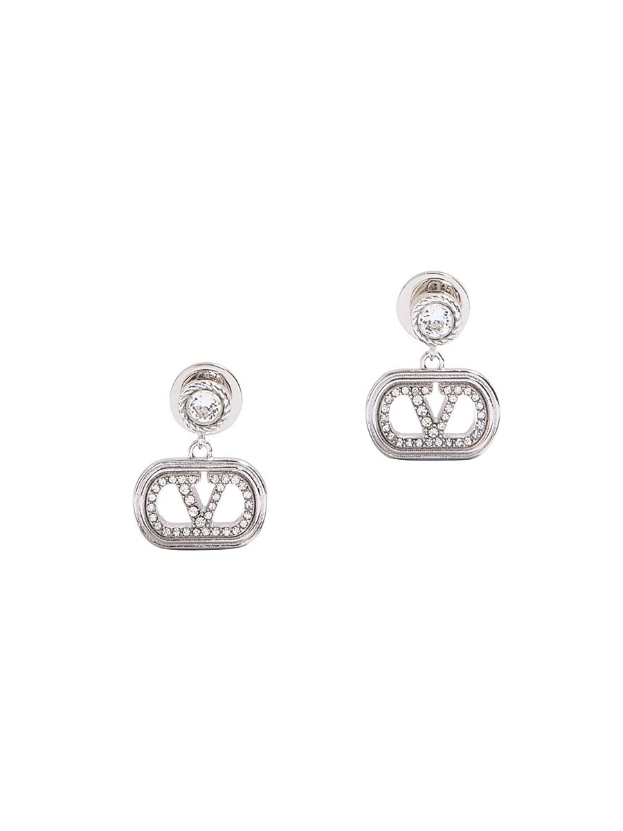 Women's Oval Metal Earrings with Swarovski Crystals - Rhodium