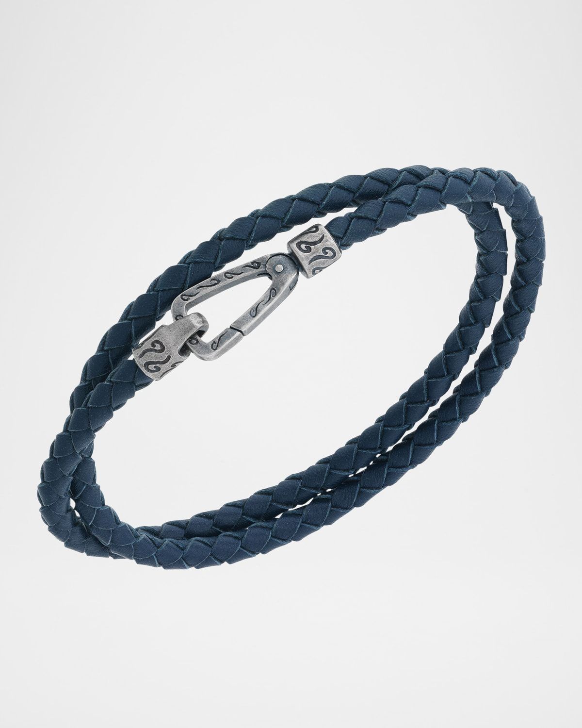 Men & apos;s Double Wrap Oxidized Silver and Woven Leather Bracelet