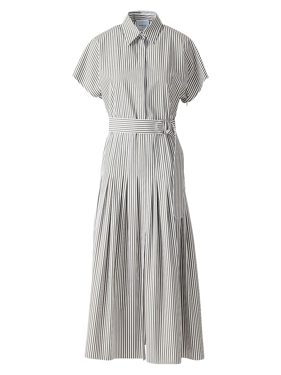 Women's Stripe Belted Cotton Shirtdress - Khaki Cream - Size 4
