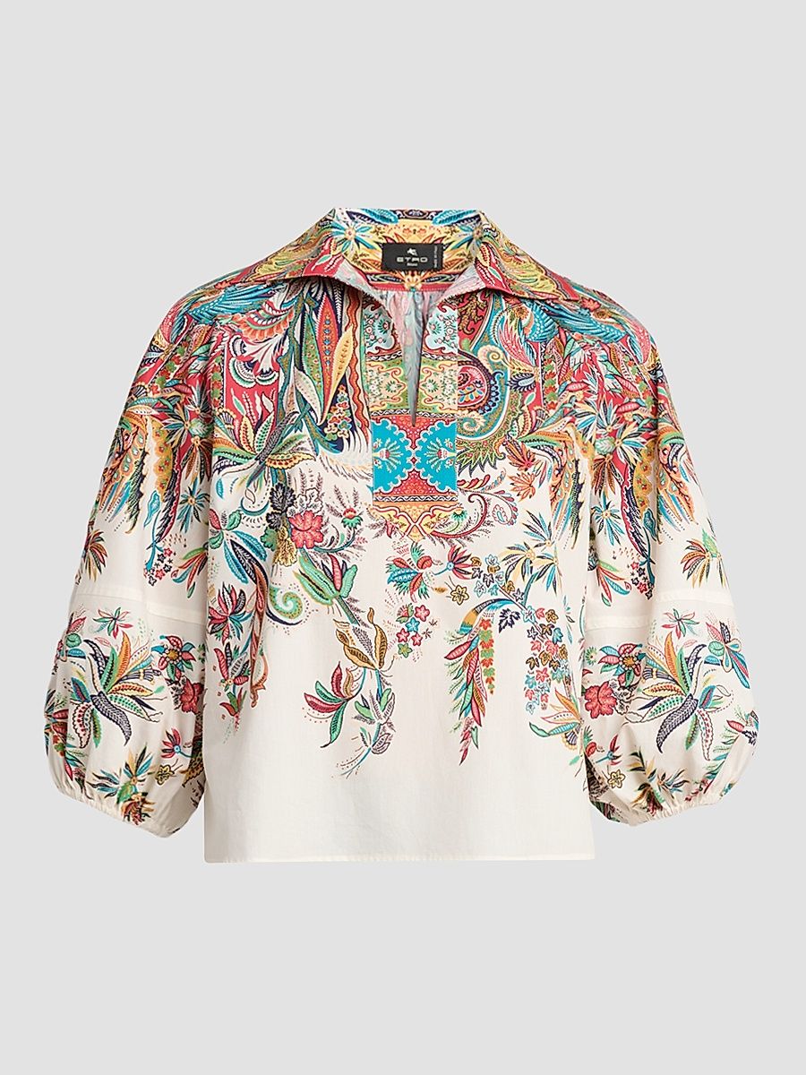 Women's Floral Paisley Balloon-Sleeve Top - Printed White - Size 12