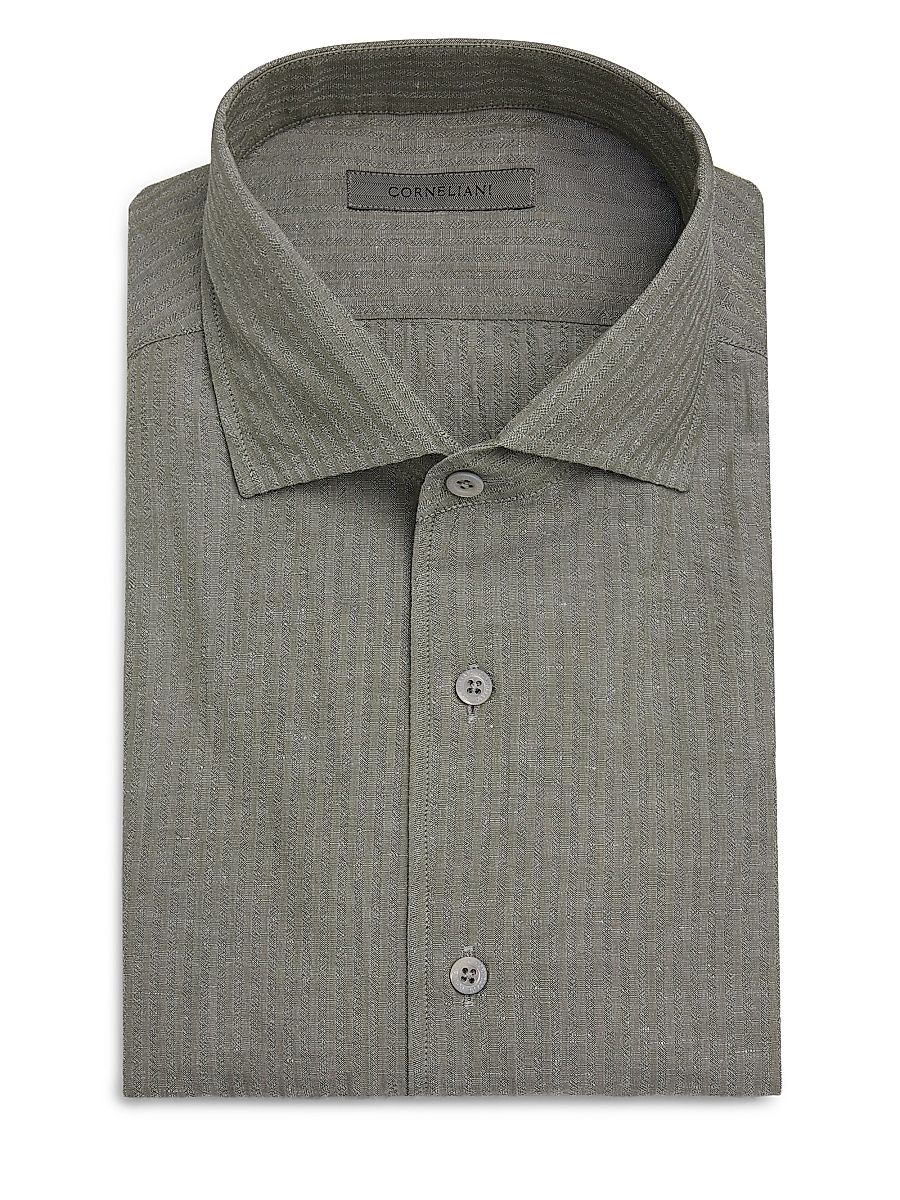 Men's Seersucker Cotton-Linen Shirt - Sage - Size 16.5