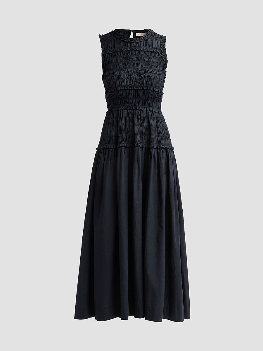 Women's Mallory Smocked Cotton Midi Dress - Black - Size XS