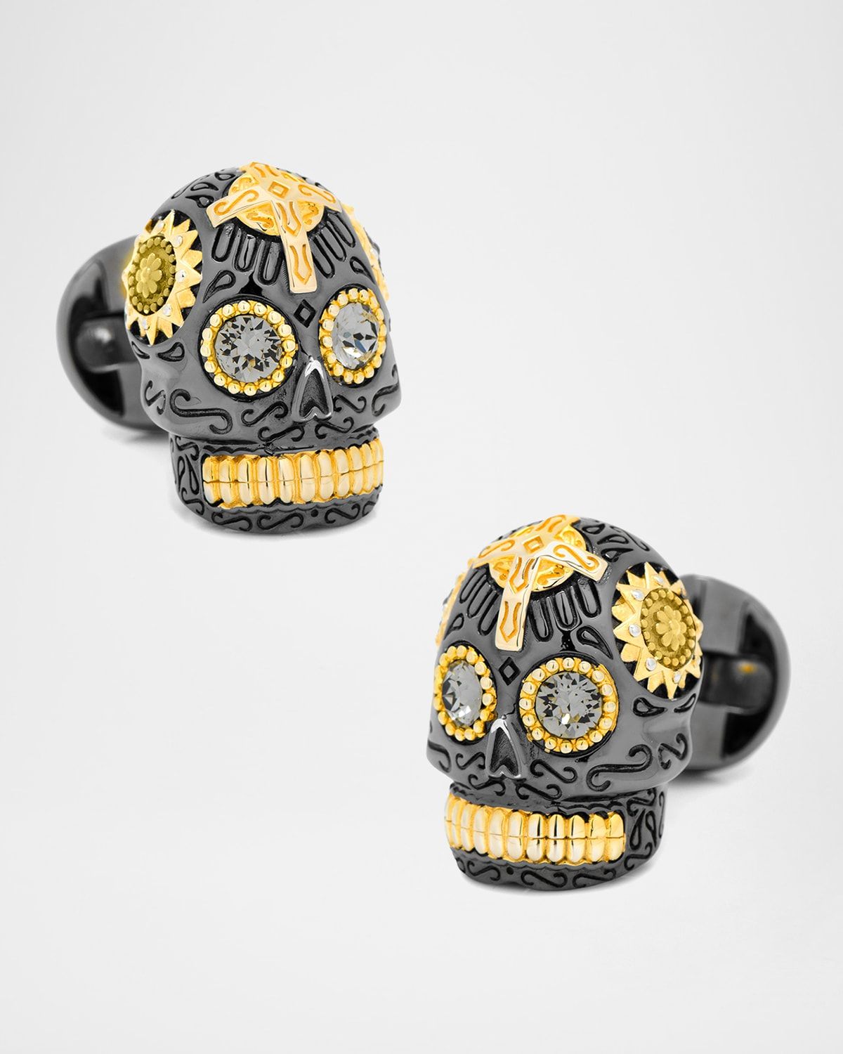 3D Day of the Dead Sugar Skull Cuff Links, Black/Gold