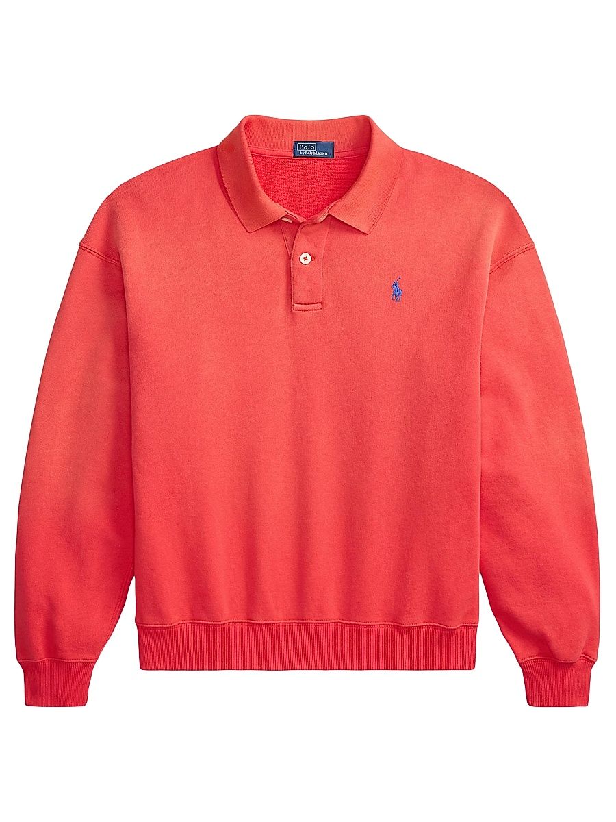 Women's Cotton-Blend Fleece Polo Sweater - Bright Hibiscus - Size Large