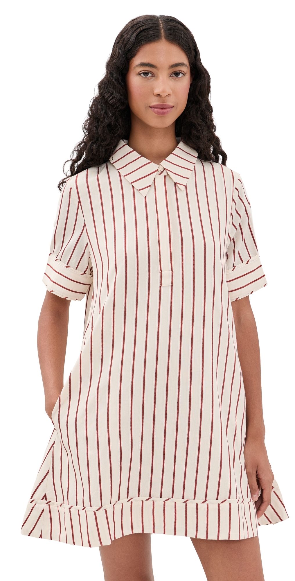 English Factory Stripe A-Line Mini Shirt Dress Rust Stripe L