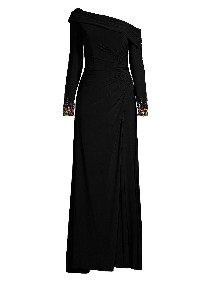 Women's Embellished Cuff One-Shoulder Gown - Black Multi - Size 12