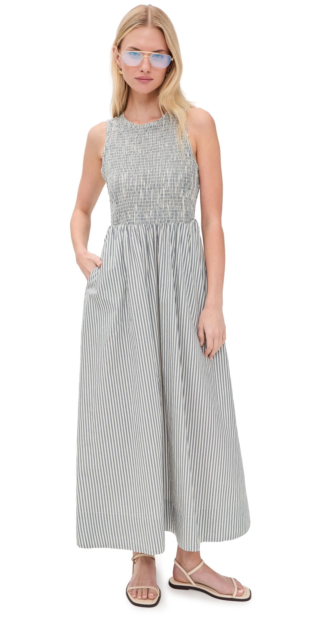 Marine Layer Darcy Smocked Poplin Dress Navy Stripe S