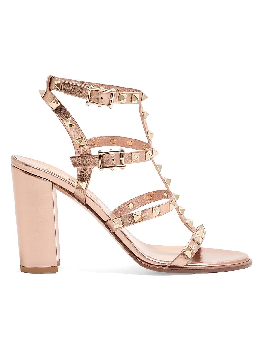 Women's Rockstud 90MM Laminated Calfskin Sandals with Straps - Rose Cannelle - Size 12