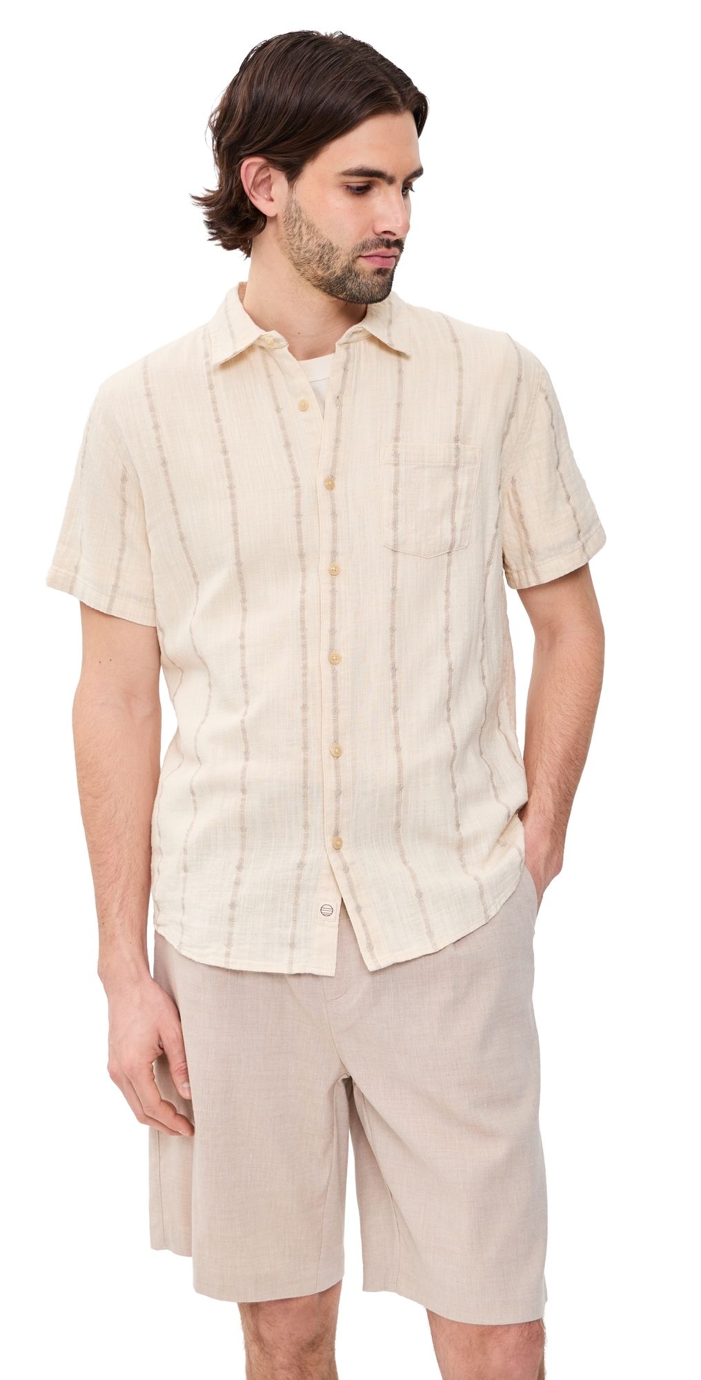 Marine Layer Classic Stretch Selvage Shirt Cream Embroidery XL