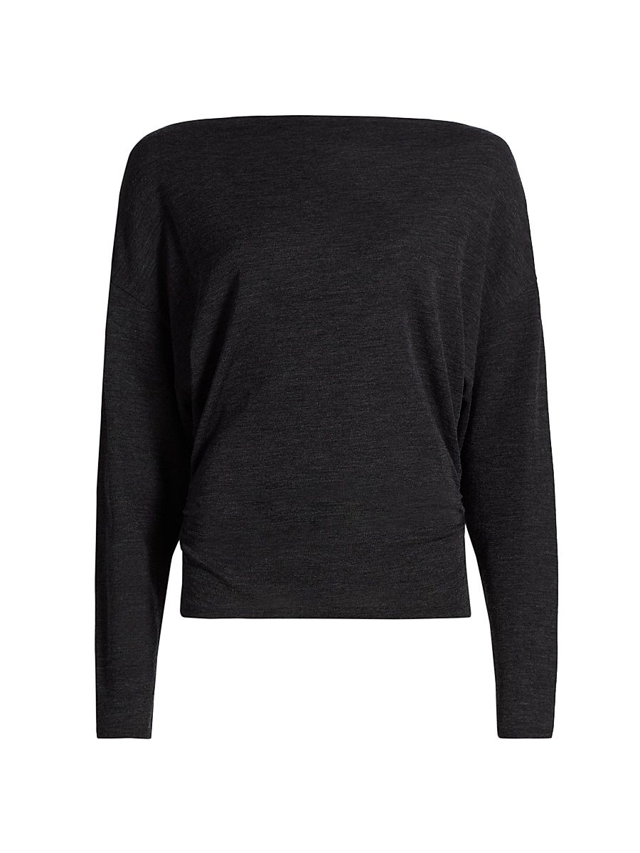 Women's Ruched Wool-Blend Long-Sleeve Top - Dark Grey - Size XL