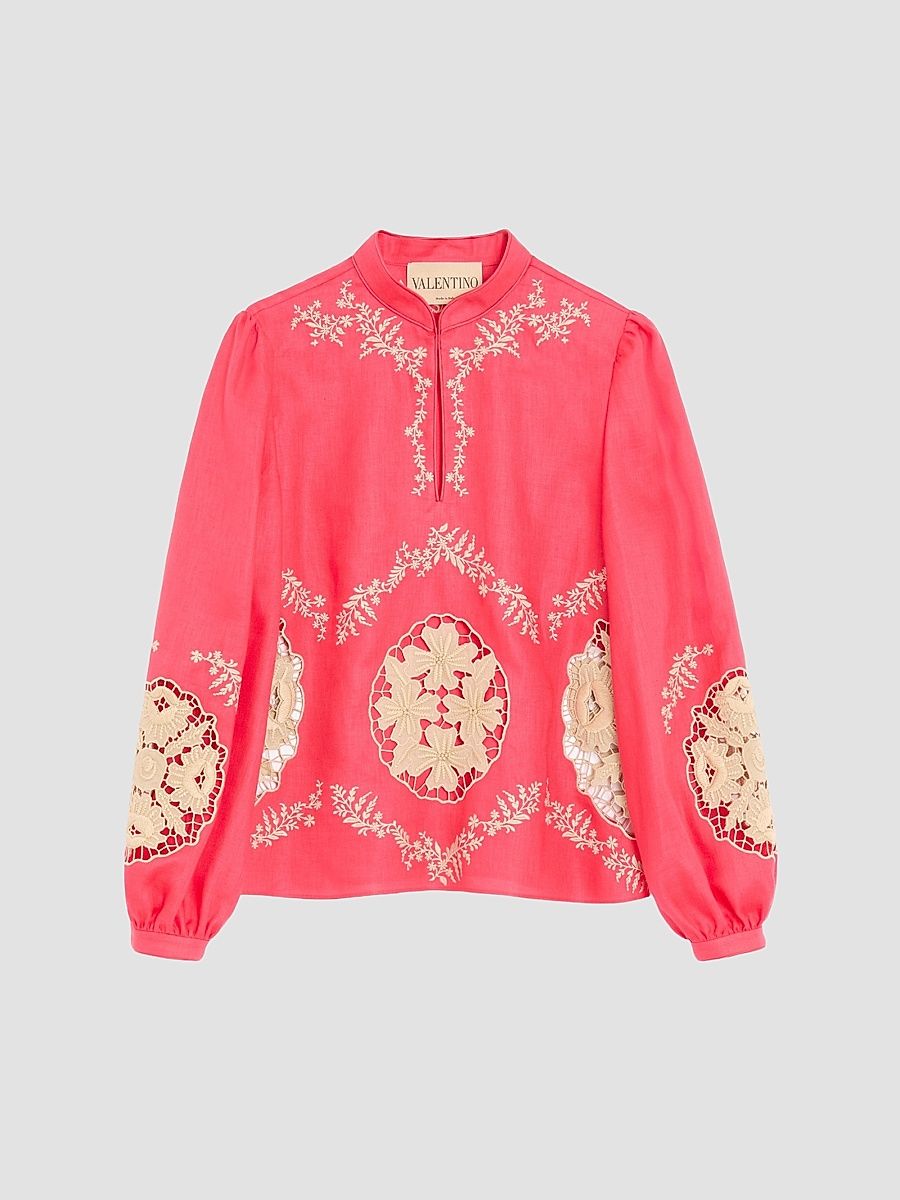 Women's Embroidered Couture Linen Top - Coral Beige - Size 0