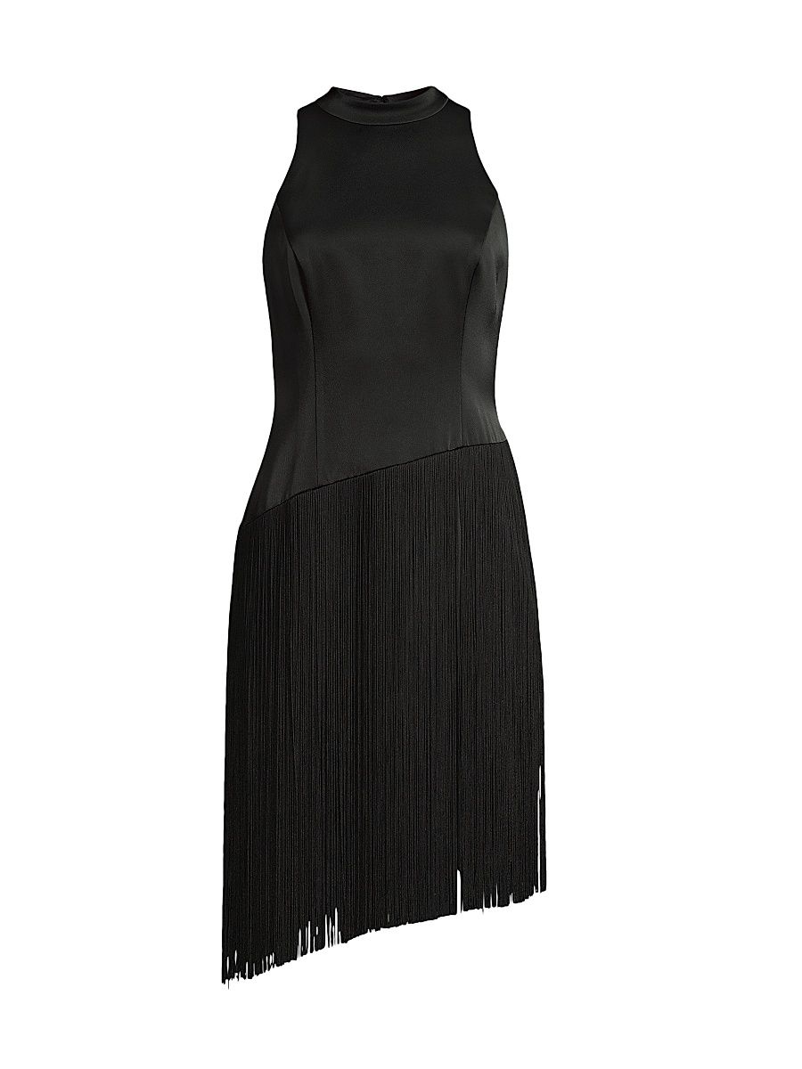 Women's Asymmetric Fringe Satin Dress - Black - Size 8