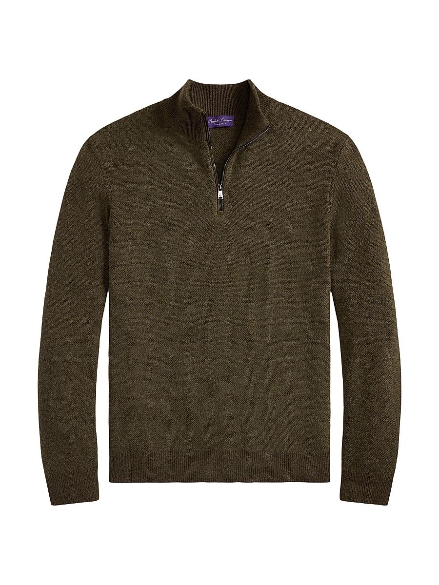 Men's Cashmere Quarter-Zip Sweater - Olive Multi - Size XL