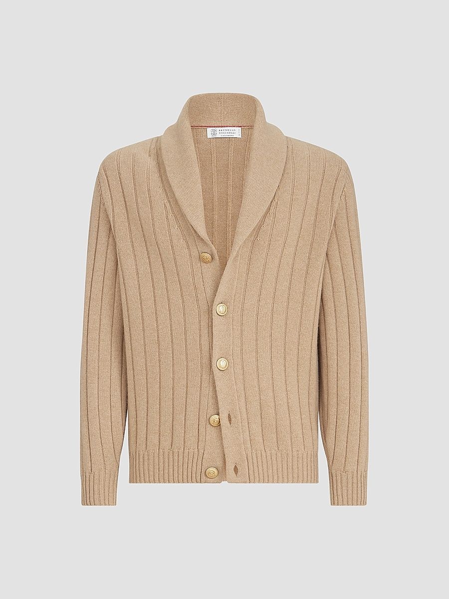Men's Cashmere Ribbed Cardigan - Camel - Size 46