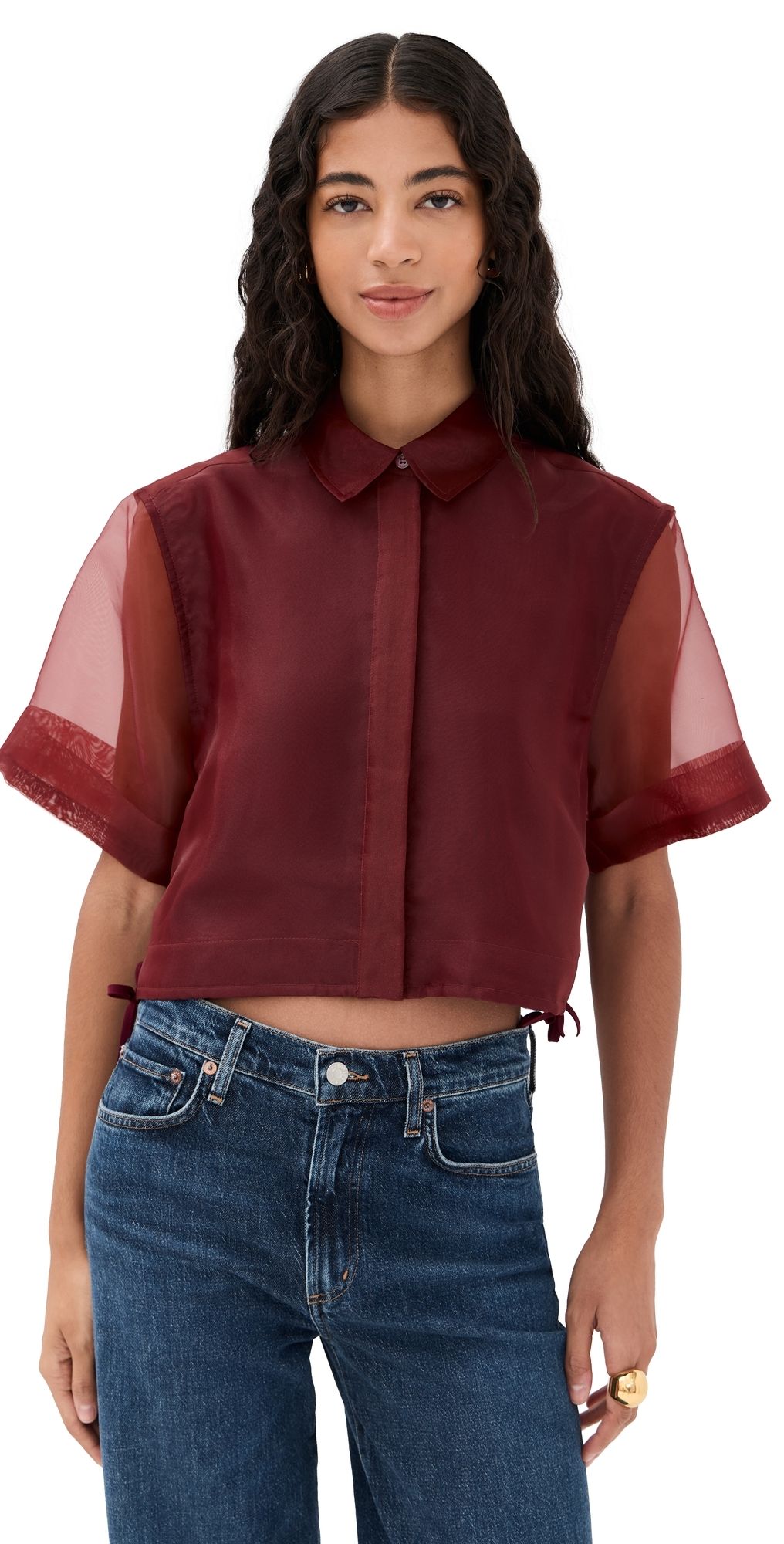 SIMKHAI Ryett Short Sleeve Crop Shirt Oxblood XS